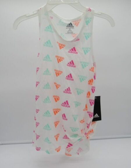 Adidas Girls' Tie Front Tank - Medium - White w/ Colored Logo Pattern