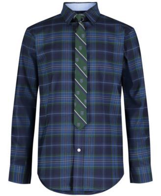 Tommy Hilfiger Big Boys Long Sleeve Stretch Ambassador Plaid Shirt and Tie Set