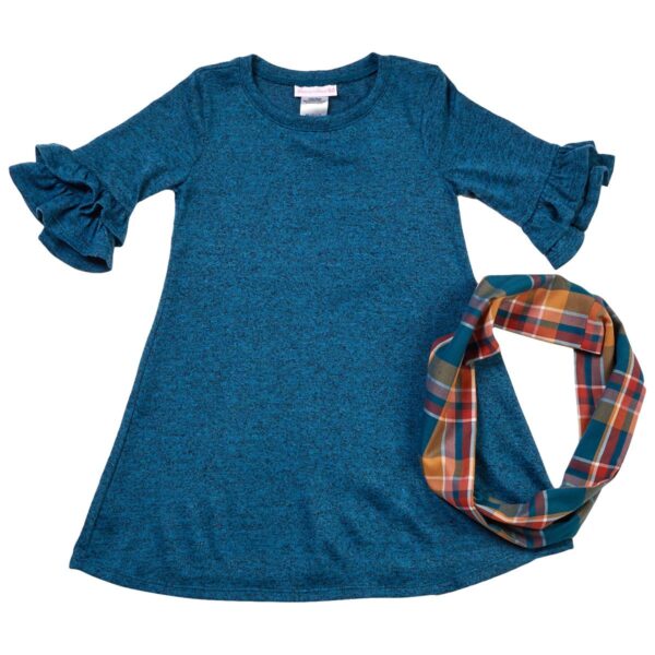 Big Girls Three Quarter Sleeves Knit Dress with Novelty Double Bell Sleeves and Matching Scarf - Image 2