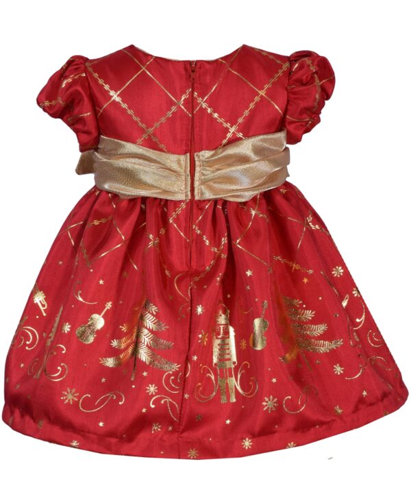 Bonnie Baby Baby Girls Short Sleeved Foiled Shantung with Nutcracker Motif and Side Bow Dress - Image 3
