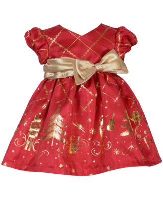 Bonnie Baby Baby Girls Short Sleeved Foiled Shantung with Nutcracker Motif and Side Bow Dress